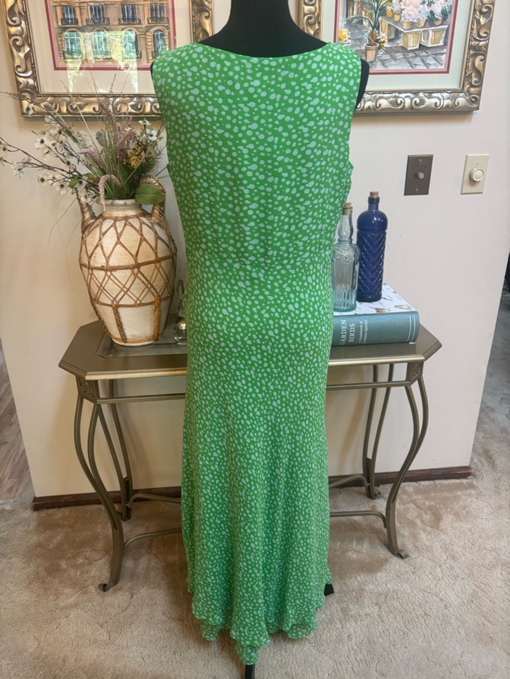 CYNTHIA HOWIE 100% Silk Sleeveless Green Dot Print Maxi Dress Fit & Flare Sz 12 - Picture 7 of 11